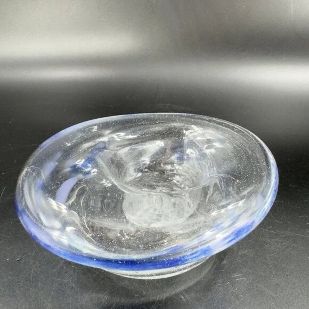 Vintage Hand Blown Art Glass Dish Bowl Clear With Blue Spots Hand Made Glass VTG